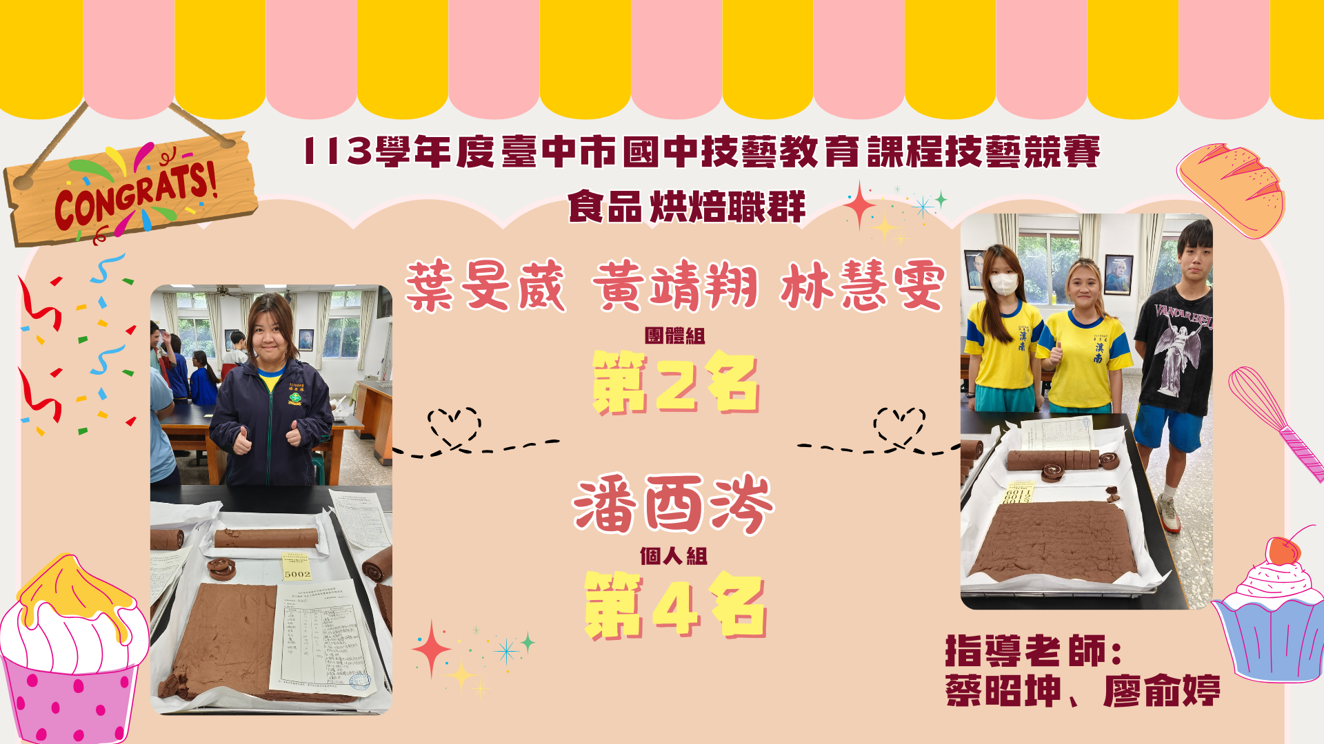 113學年度臺中市國中技藝教育課程技藝競賽食品烘焙職群英雄榜